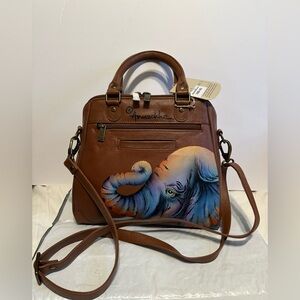 NWT Anuschka Hand Painted Leather Satchel Crossbody Handbag Elephant